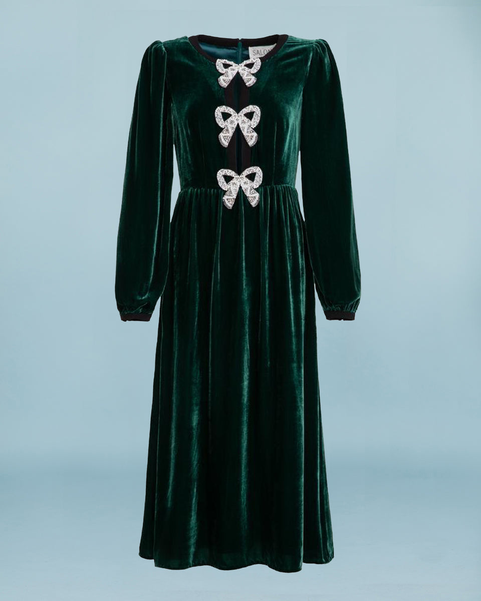 Rent Saloni Camille Crystal-Bow Velvet Midi Dress