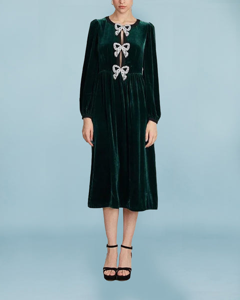 Rent Saloni Camille Crystal-Bow Velvet Midi Dress